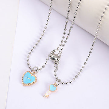 Blue Love Lock & Key Magnetic - Necklace Set Of 2