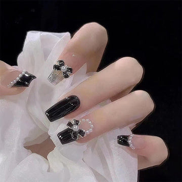 Bow & Pearl Fancy - Press On Nail Set Of 24 - Free 24 Pcs Sticker Sheet Included