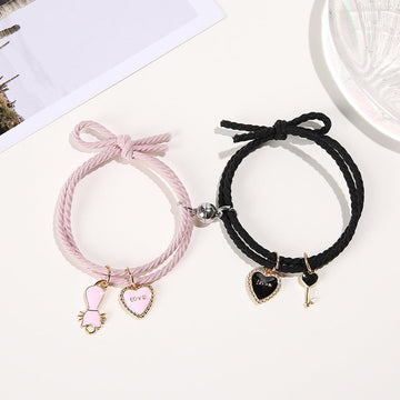 Love Charms Pink & Black Magnetic Silver Round - Bracelet Set