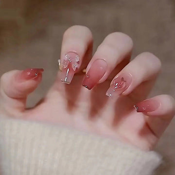 Shiny Butterfly Dark Pink - Press On Nail Set Of 24 - Free 24 Pcs Sticker Sheet Included