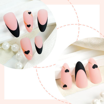 Black Heart & Pink - Press On Nail Set Of 24 - Free Nail Kit Included
