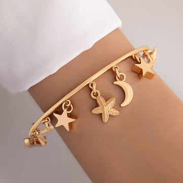 Moon & Star Charms Gold Bangle - Bracelet