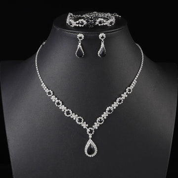 Premium Teardrop Black Diamonds Silver - Jewelry Set Of 3