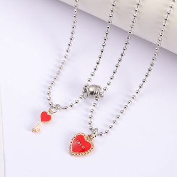 Red Love Lock & Key Magnetic - Necklace Set Of 2