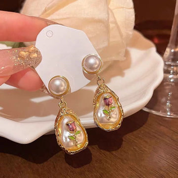 Luxury Pearly Oil Painting Monet Garden Gold - Earring