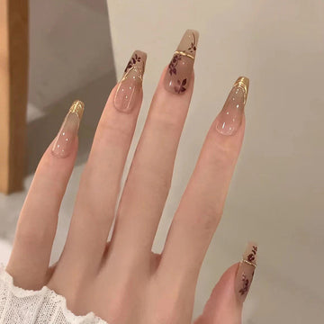 Foiled Flower - Press On Nail Set Of 24 - Free 24 Pcs Sticker Sheet Included