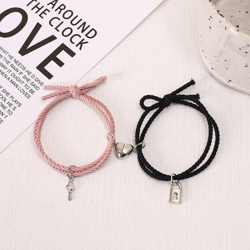 Pink & Black Lock & Key Magnetic Heart - Bracelet Set