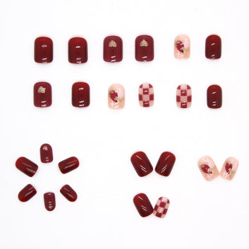 Red Maroon Heart & Grid - Press On Nail Set Of 24 - Free 24 Pcs Sticker Sheet Included