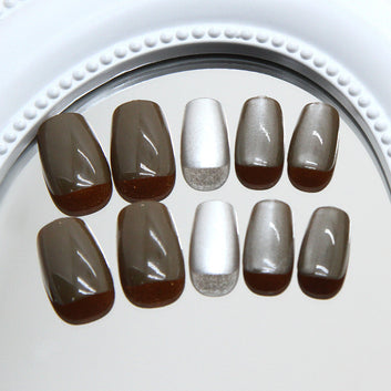 Coffee & Crystal White - Press On Nail Set Of 24 - Free 24 Pcs Sticker Sheet Included