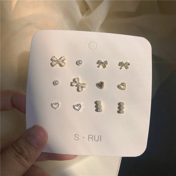 Sparkle Bow & Pearl - Ear Studs Set Of 12
