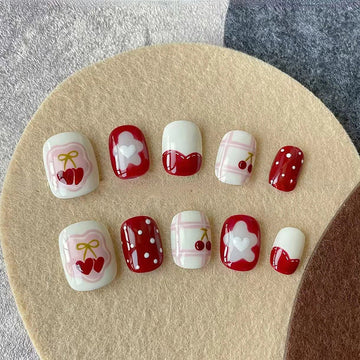 Polka Heart & Flower - Press On Nail Set Of 24 - Free 24 Pcs Sticker Sheet Included