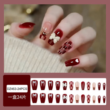 Fancy Bow Red Shiny - Press On Nail Set Of 24 - Free 24 Pcs Sticker Sheet Included