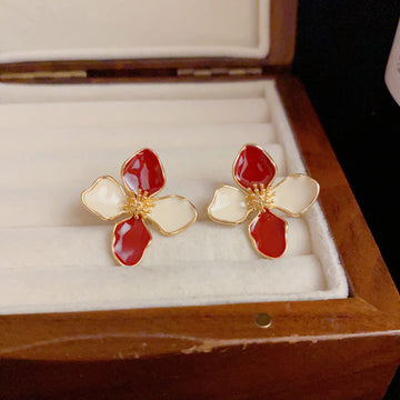 Off White & Red Shiny Flower - Earring