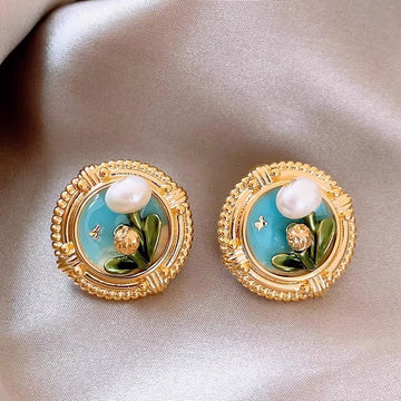 Luxury Oil Painting Monet Garden Gold - Earring