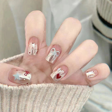Bow & Stars - Press On Nail Set Of 24 - Free 24 Pcs Sticker Sheet Included