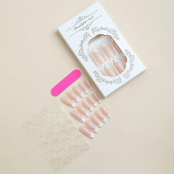 Light Peach & White - Press On Nail Set Of 24 - Free Nail Kit Included