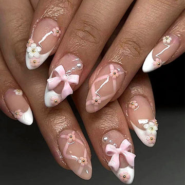 Bow Pastel - Press On Nail Set Of 24 - Free 24 Pcs Sticker Sheet Included