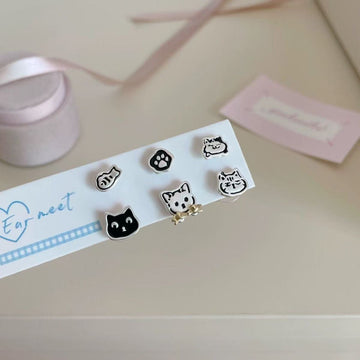 Cat Paw & Fish - Ear Studs Set Of 6