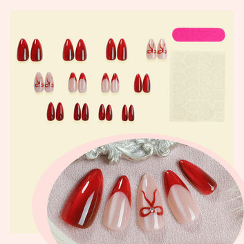 Red Bow - Press On Nail Set Of 24 - Free Nail Kit Included