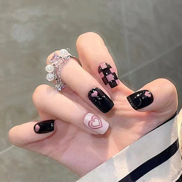 Black & Pink Grid & Pastel Heart - Press On Nail Set Of 24 - Free 24 Pcs Sticker Sheet Included