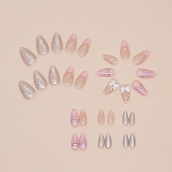 Pastel Pink Bow - Press On Nail Set Of 24 - Free 24 Pcs Sticker Sheet Included