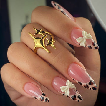 Bow & Leopard Print - Press On Nail Set Of 24 - Free Nail Kit Included