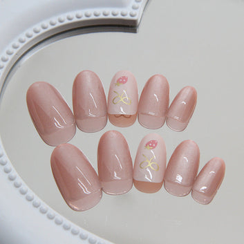 Bow & Strawberry Pink Shiny - Press On Nail Set Of 24 - Free 24 Pcs Sticker Sheet Included