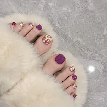 Gold Glitter & Purple - Toenail Set Of 24- Free 24 Pcs Sticker Sheet Included