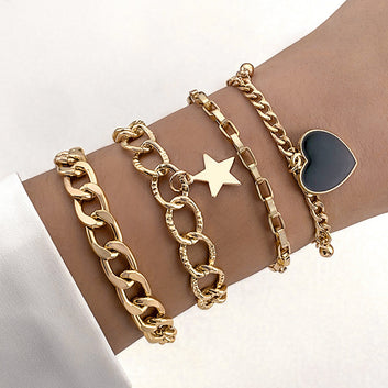 Black Heart & Star Charms Gold Chain - Bracelet Set of 4