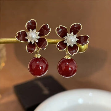 Maroon Pearly Flower - Earring