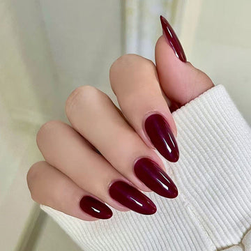 Shiny Maroon - Print Press On Nail Set Of 24 - Free 24 Pcs Sticker Sheet Included