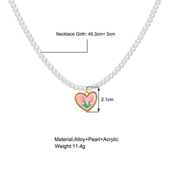Pearls & Pink Flower Heart - Necklace