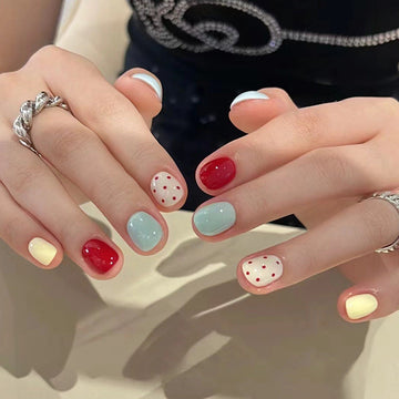Red Polka & Mix - Press On Nail Set Of 24 - Free 24 Pcs Sticker Sheet Included