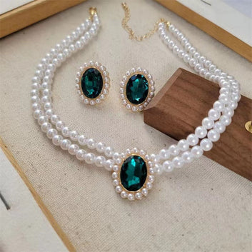 Luxury Diamond & Beaded Pearls Gold - Jewelry Set