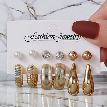Classy Diamond & Gold Foil Series Hoop - Earrings Set Style 1