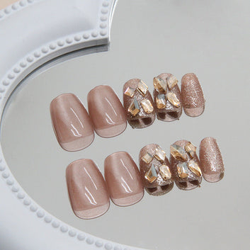 Gold Crystal Diamond Pink - Press On Nail Set Of 24 - Free 24 Pcs Sticker Sheet Included