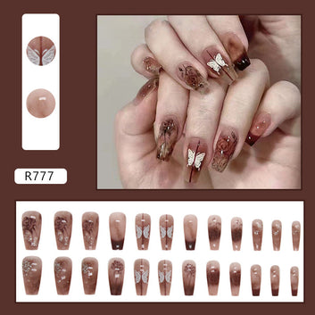 Chocolate Brown Sparkle Butterfly - Press On Nail Set Of 24 - Free 24 Pcs Sticker Sheet Included