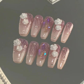 Crystal & Milk White Camellia - Press On Nail Set Of 24 - Free 24 Pcs Sticker Sheet Included