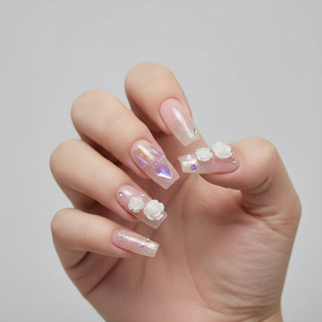 Crystal & Milk White Camellia - Press On Nail Set Of 24 - Free 24 Pcs Sticker Sheet Included