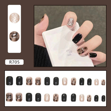 Fancy Foiled Black & Mix - Press On Nail Set Of 24 - Free 24 Pcs Sticker Sheet Included