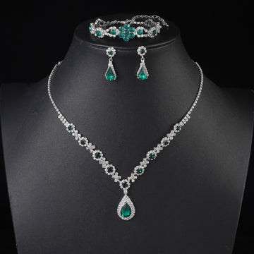 Premium Teardrop Emerald Green Diamonds Silver - Jewelry Set Of 3