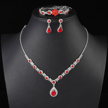 Premium Teardrop Red Diamonds Silver - Jewelry Set Of 3