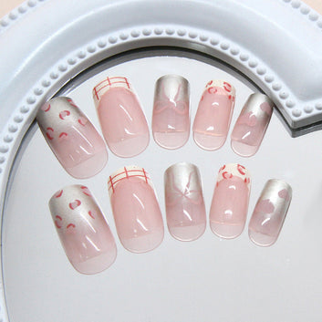 Bow & Shiny Pink - Press On Nail Set Of 24 - Free 24 Pcs Sticker Sheet Included