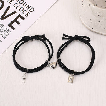Black Lock & Key Magnetic Heart - Bracelet Set