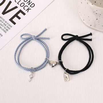 Blue & Black Lock & Key Magnetic Heart - Bracelet Set