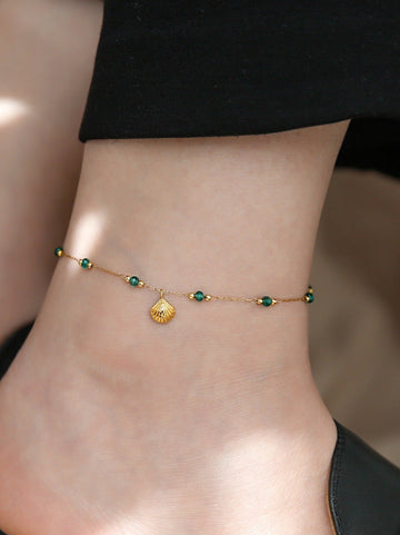 Gold Sea Shell Green Beads - Anklet