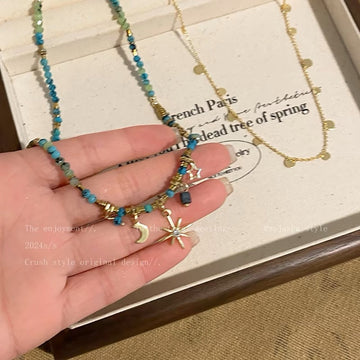Moon & Star Sparkle Watercolor Stones - Necklace Set of 2
