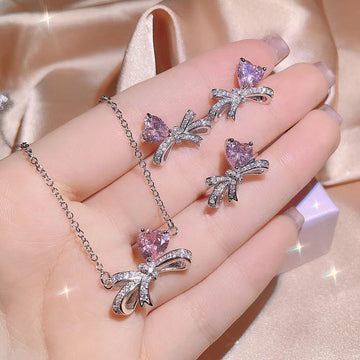 Bow Heart Diamond Silver - Jewelry Set