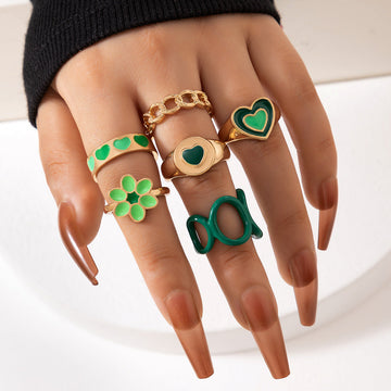 Green Color Gold Enameled - Ring Set Of 6