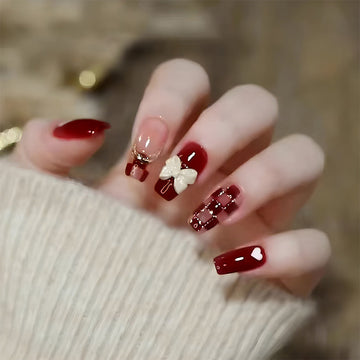 Fancy Bow Red Shiny - Press On Nail Set Of 24 - Free 24 Pcs Sticker Sheet Included